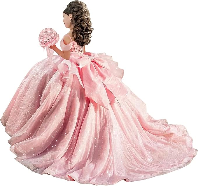 18m / Pink Sunnypetal Off-Shoulder Sweetheart Glitter Tulle Flower Girl Dress with Pearls Bow