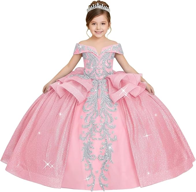 18m / Pink Sunnypetal Off-the-Shoulder Glitter Princess Flower Girl Dress with Lace Appliqués