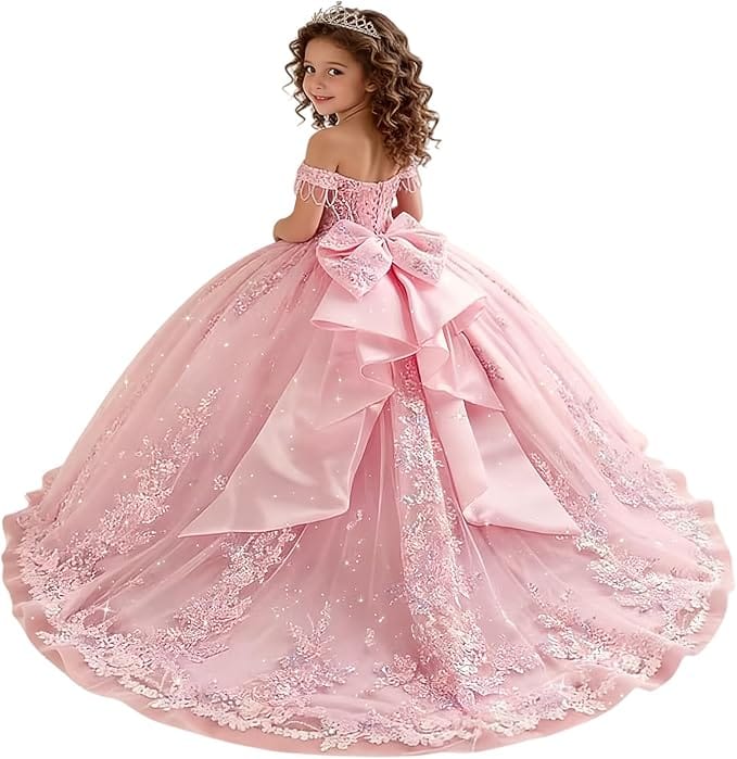 18m / Pink Sunnypetal Princess Off-the-Shoulder Lace Appliqué Tulle Ball Gown Flower Girl Dress with Bow