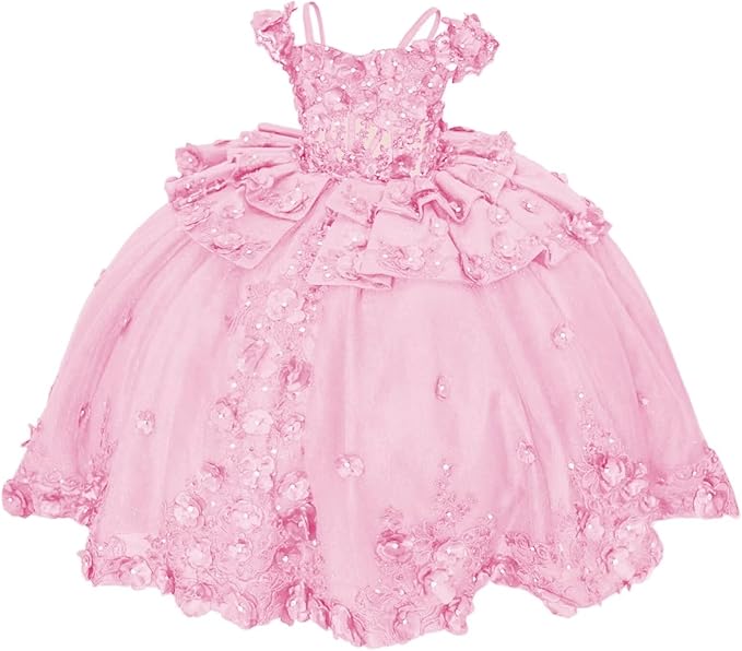 18m / Pink Sunnypetal Royal Blue 3D Floral Lace-Up Tulle Ball Gown Flower Girl Dress with Bows