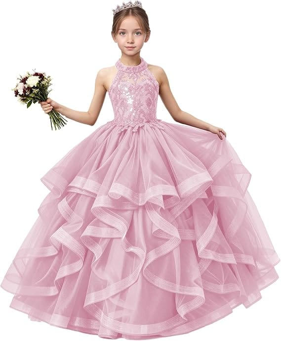 18m / Pink Sunnypetal Sequined Lace Appliqué Tiered Tulle Flower Girl Ball Gown with Halter Neck