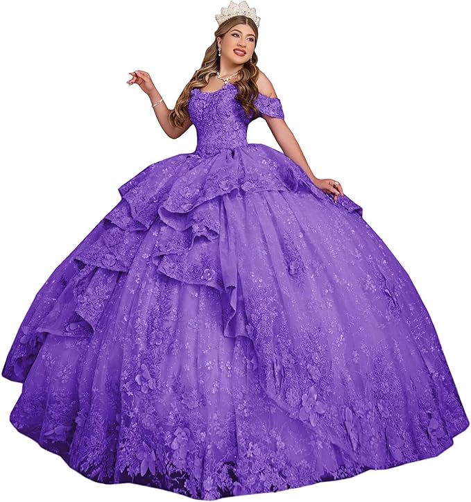 18m / Purple Sunnypetal Dreamy 3D Floral Tulle Ball Gown for Flower Girl or Pageant Party