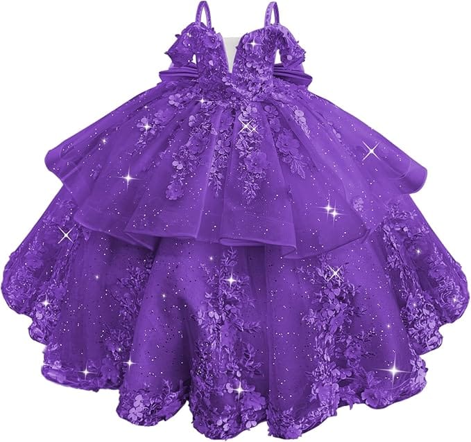 18m / Purple Sunnypetal Elegant Pink Off-the-Shoulder Tulle Flower Girl Dress with 3D Floral Appliqués
