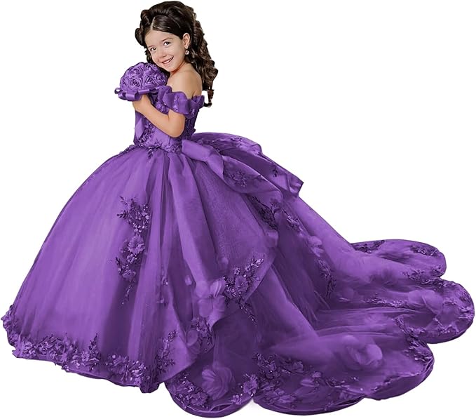 18m / Purple Sunnypetal Layered Tulle Off-Shoulder Flower Girl Pageant Dress with 3D Floral