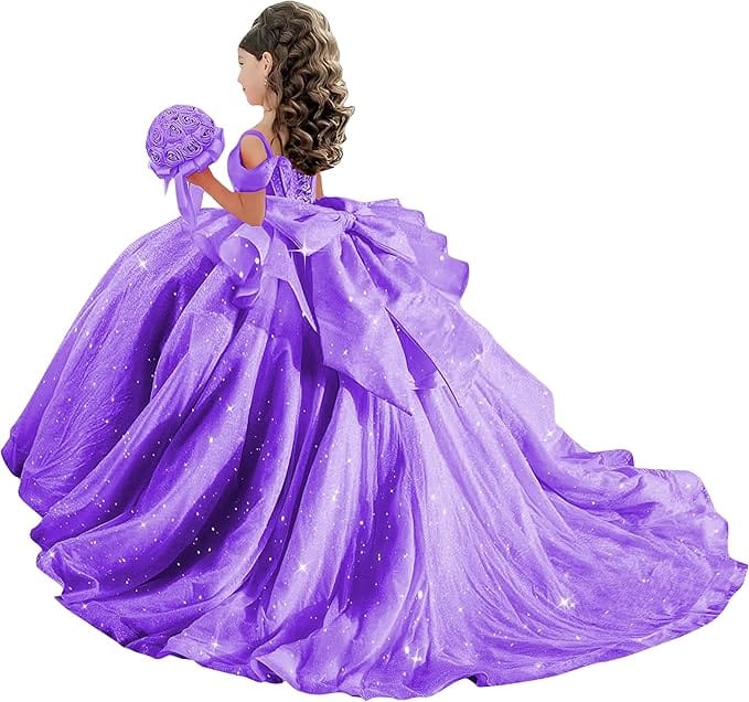 18m / Purple Sunnypetal Off-Shoulder Sweetheart Glitter Tulle Flower Girl Dress with Pearls Bow