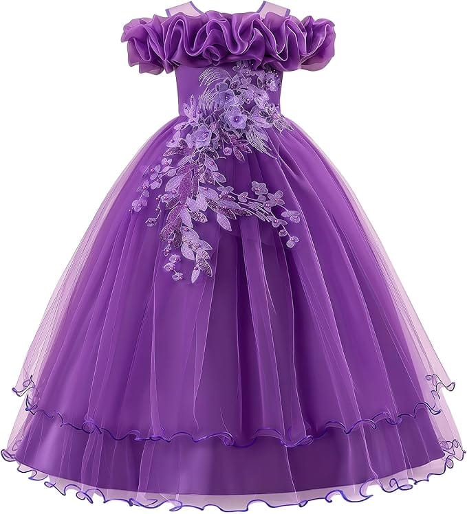 18m / Purple Sunnypetal Romantic Off-the-Shoulder Tulle Flower Girl Dress with Floral Appliqués