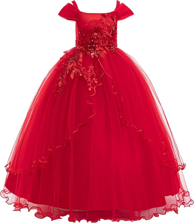 18m / Red Sunnypetal Elegant Off-the-Shoulder Floral Appliqués Flower Girl Ball Gown