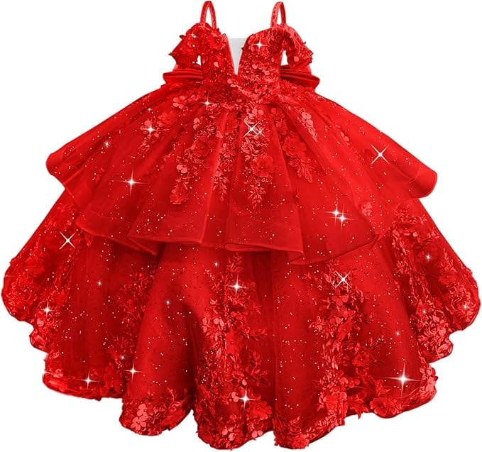 18m / Red Sunnypetal Elegant Pink Off-the-Shoulder Tulle Flower Girl Dress with 3D Floral Appliqués