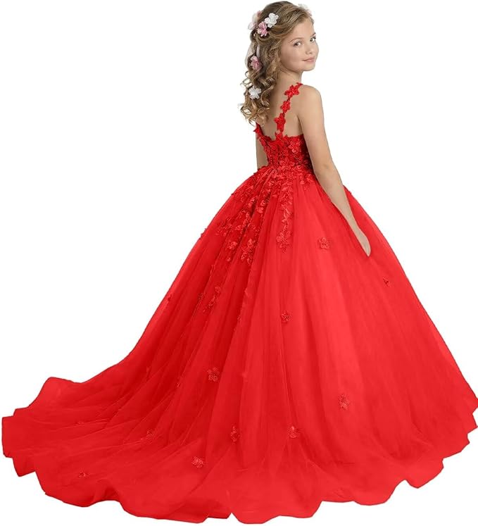 18m / Red Sunnypetal Enchanted Blush Floral Lace Ball Gown Flower Girl Dress for Special Occasions