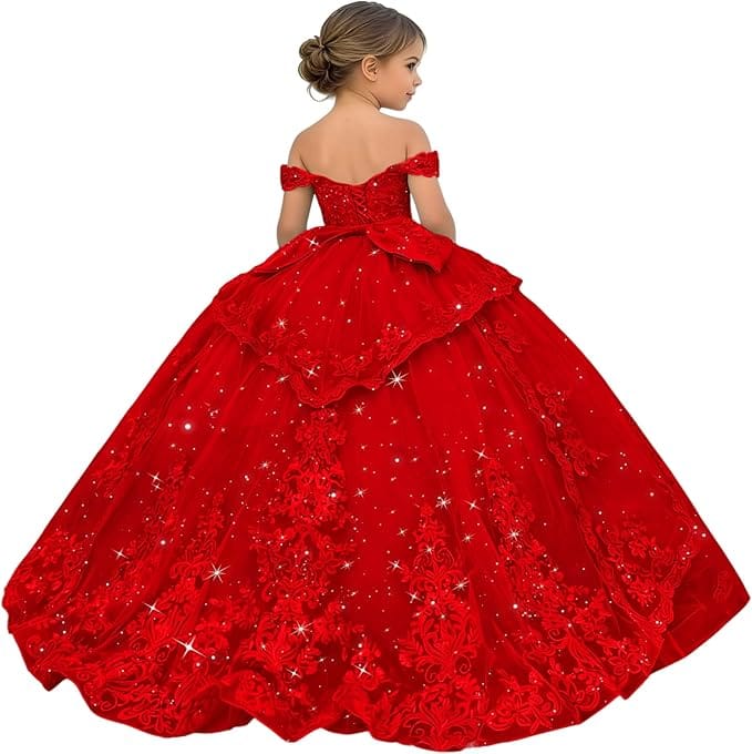 18m / Red Sunnypetal Glitter Layered Tulle Ball Gown Flower Girl Dress with Lace Appliqué and Bow