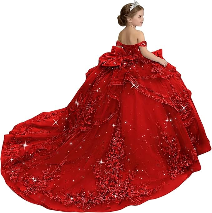 18m / Red Sunnypetal Glitter Layered Tulle Off-Shoulder Girls Pageant Ball Gown with Dramatic Train &amp; Bow