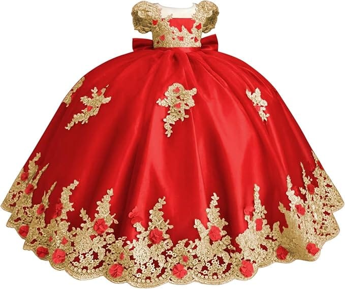 18m / Red Sunnypetal Gold Appliqué 3D Floral Beaded Flower Girl Dress with Bow and Train