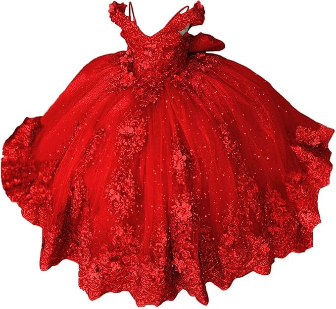 18m / Red Sunnypetal Lace Appliqué 3D Flower Girl Dress with Bow for First Communion &amp; Pageant