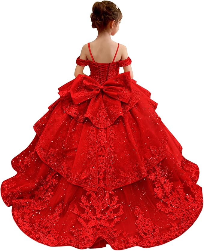 18m / Red Sunnypetal Lace Appliqué Layered Tulle Ball Gown Flower Girl Pageant Dress with Bow