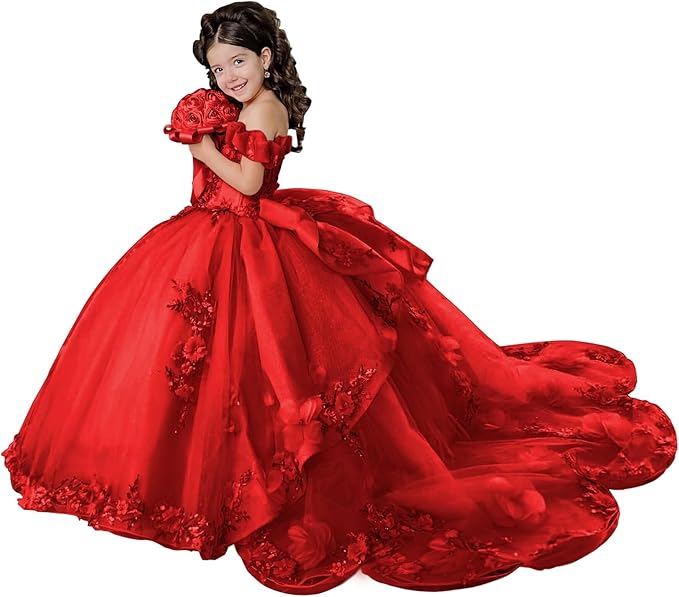 18m / Red Sunnypetal Layered Tulle Off-Shoulder Flower Girl Pageant Dress with 3D Floral