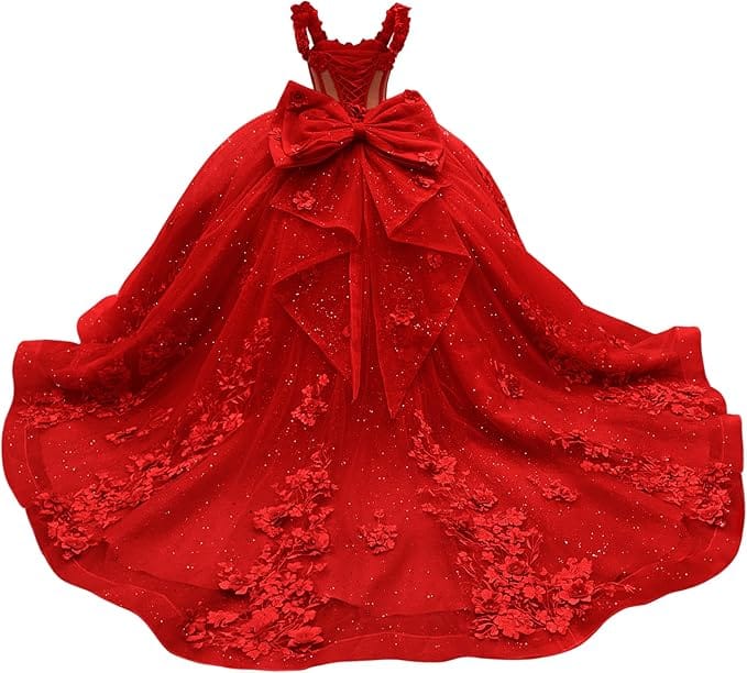 18m / Red Sunnypetal Light Blue 3D Floral Appliqué Tulle Ball Gown Flower Girl Dress with Bow
