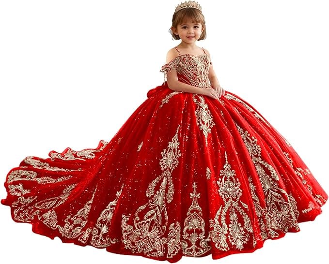 18m / Red Sunnypetal Luxury Red Gold Embroidery Tulle Ball Gown Flower Girl Dress with Bow