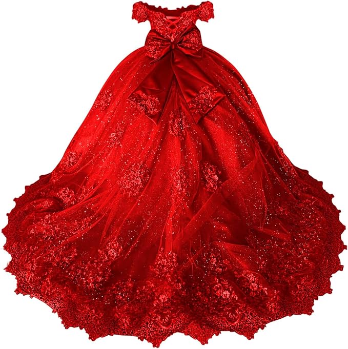 18m / Red Sunnypetal Off-Shoulder Lace Appliqué Flower Girl &amp; Pageant Ball Gown with Bow