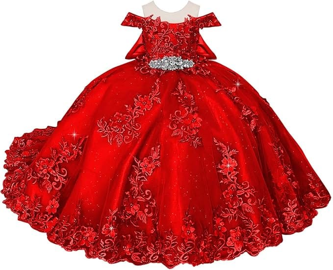18m / Red Sunnypetal Off-Shoulder Lace Appliques Tulle Flower Ball Gown Dresses with Bow