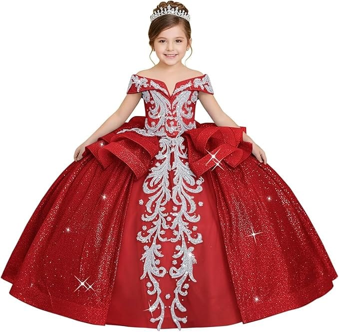 18m / Red Sunnypetal Off-the-Shoulder Glitter Princess Flower Girl Dress with Lace Appliqués
