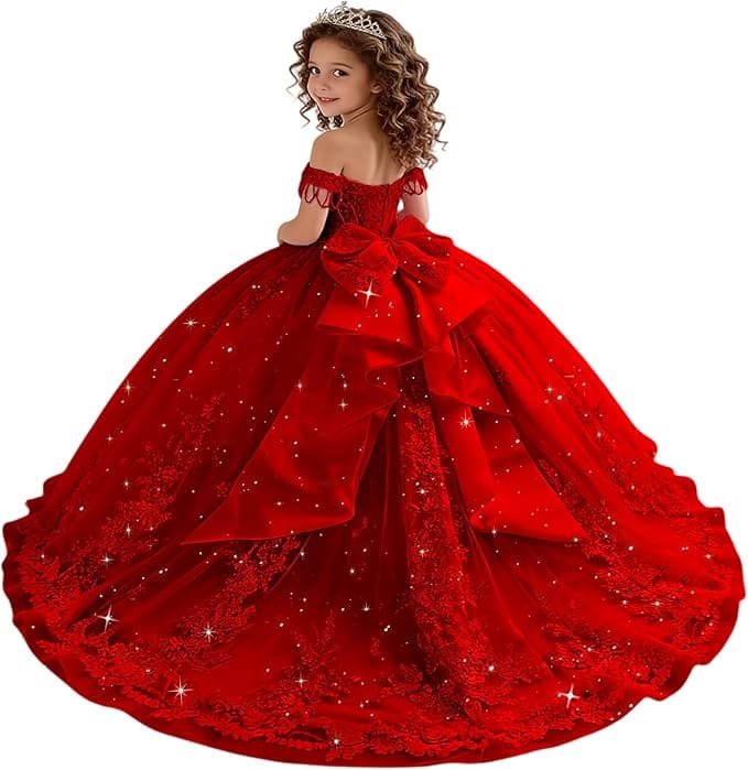 18m / Red Sunnypetal Princess Off-the-Shoulder Lace Appliqué Tulle Ball Gown Flower Girl Dress with Bow