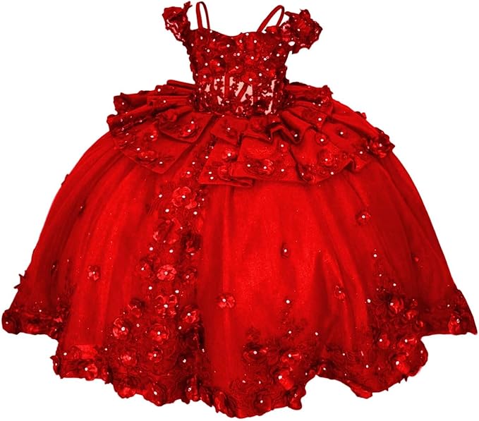18m / Red Sunnypetal Royal Blue 3D Floral Lace-Up Tulle Ball Gown Flower Girl Dress with Bows