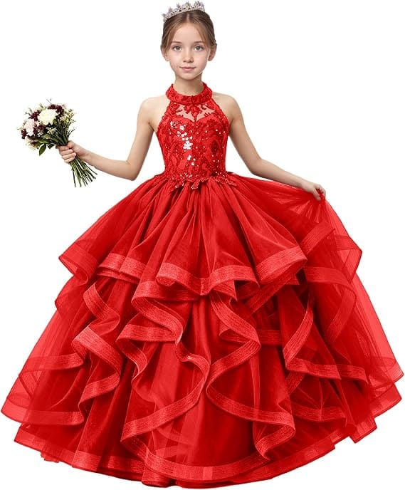 18m / Red Sunnypetal Sequined Lace Appliqué Tiered Tulle Flower Girl Ball Gown with Halter Neck