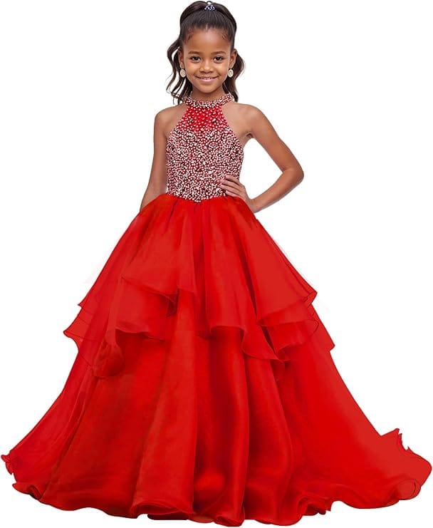 18m / Red Sunnypetal Sparkling High Neck Ball Gown Flower Girl Dress with Beaded Bodice