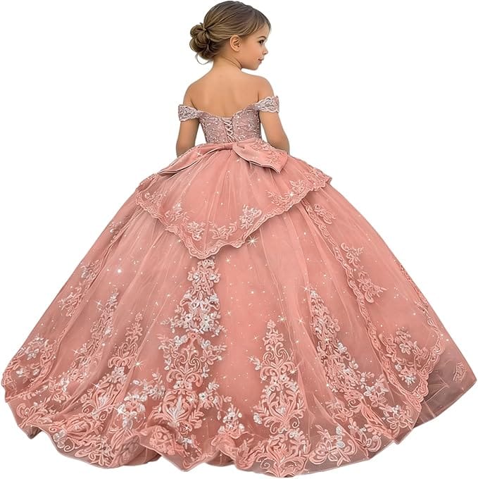 18m / Rose Gold Sunnypetal Glitter Layered Tulle Ball Gown Flower Girl Dress with Lace Appliqué and Bow