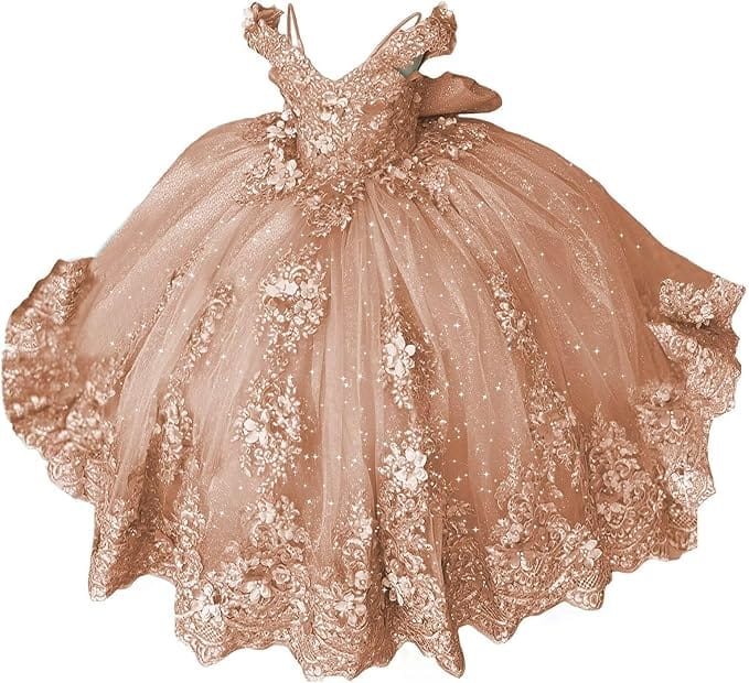 18m / Rose Gold Sunnypetal Lace Appliqué 3D Flower Girl Dress with Bow for First Communion &amp; Pageant