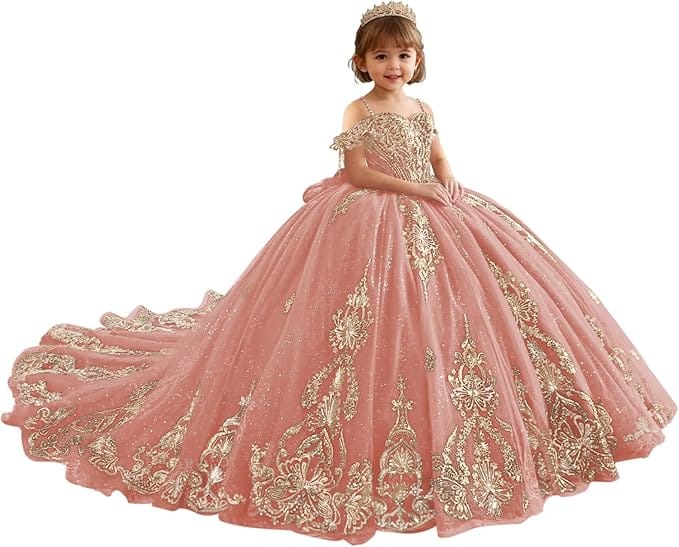 18m / Rose Gold Sunnypetal Luxury Red Gold Embroidery Tulle Ball Gown Flower Girl Dress with Bow