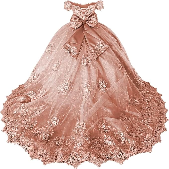 18m / Rose Gold Sunnypetal Off-Shoulder Lace Appliqué Flower Girl &amp; Pageant Ball Gown with Bow