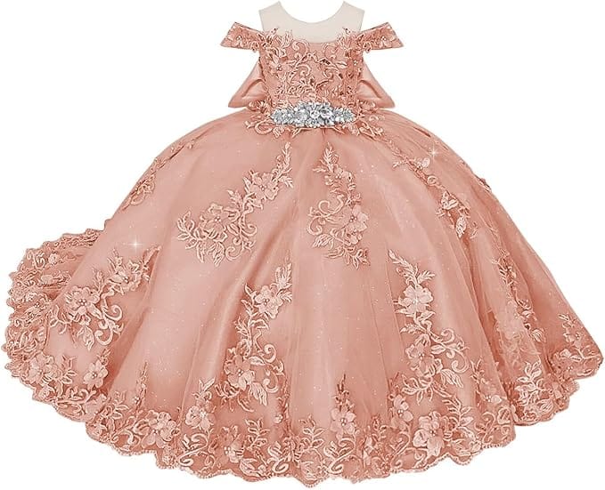 18m / Rose Gold Sunnypetal Off-Shoulder Lace Appliques Tulle Flower Ball Gown Dresses with Bow