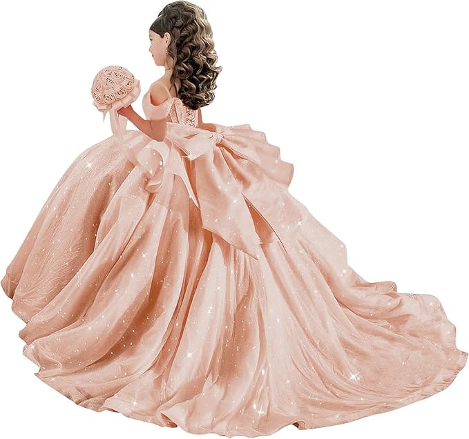 18m / Rose Gold Sunnypetal Off-Shoulder Sweetheart Glitter Tulle Flower Girl Dress with Pearls Bow