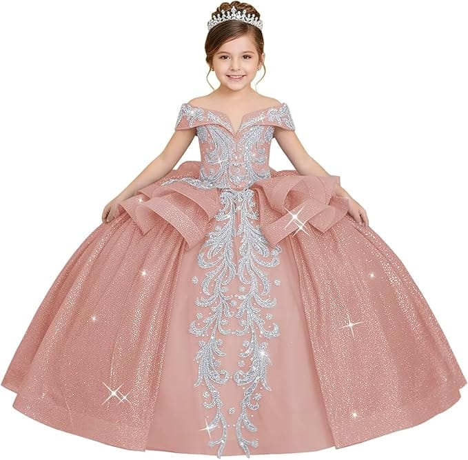 18m / Rose Gold Sunnypetal Off-the-Shoulder Glitter Princess Flower Girl Dress with Lace Appliqués