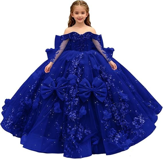 18m / Royal Blue Sunnypetal 3D Floral Lace Appliqué Flower Girl Pageant Dress with Sleeves and Bow