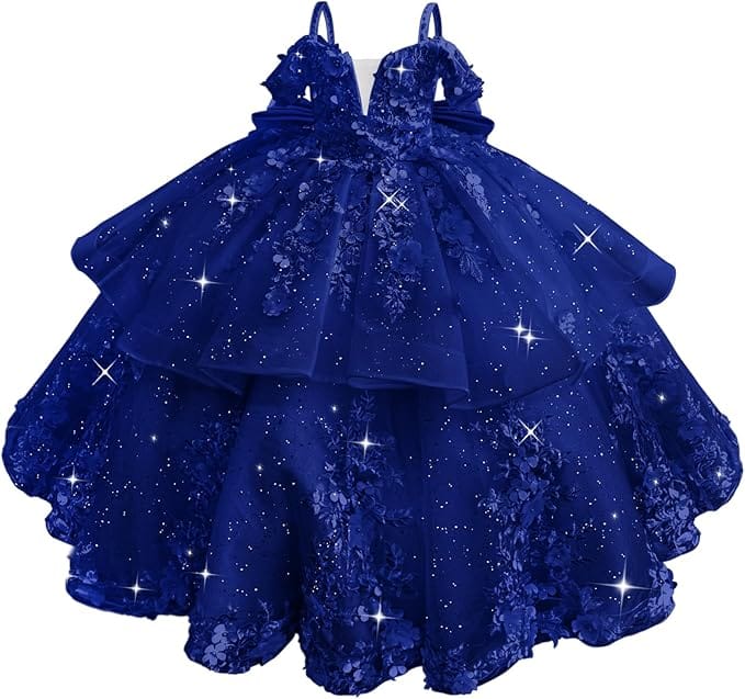 18m / Royal Blue Sunnypetal Elegant Pink Off-the-Shoulder Tulle Flower Girl Dress with 3D Floral Appliqués