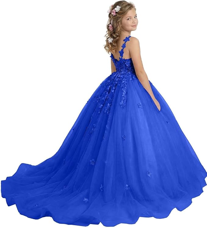 18m / Royal Blue Sunnypetal Enchanted Blush Floral Lace Ball Gown Flower Girl Dress for Special Occasions