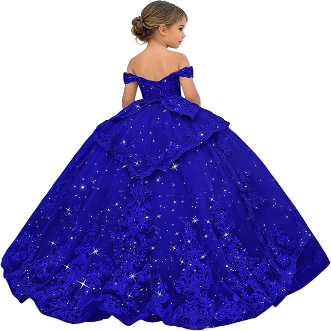 18m / Royal Blue Sunnypetal Glitter Layered Tulle Ball Gown Flower Girl Dress with Lace Appliqué and Bow