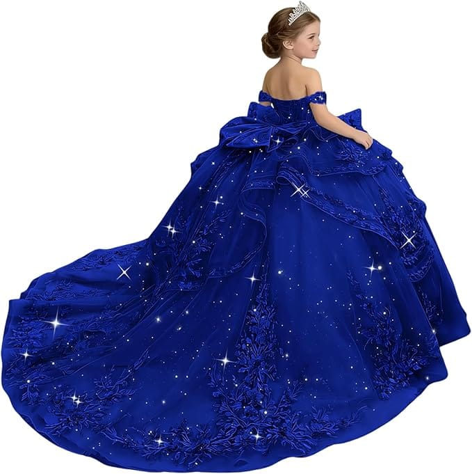 18m / Royal Blue Sunnypetal Glitter Layered Tulle Off-Shoulder Girls Pageant Ball Gown with Dramatic Train &amp; Bow