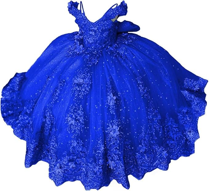 18m / Royal Blue Sunnypetal Lace Appliqué 3D Flower Girl Dress with Bow for First Communion &amp; Pageant