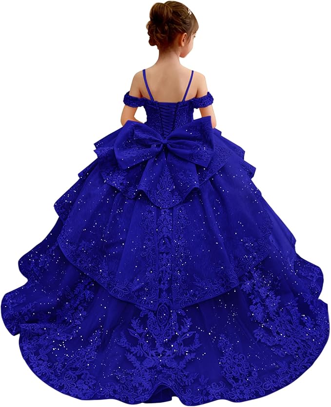 18m / Royal Blue Sunnypetal Lace Appliqué Layered Tulle Ball Gown Flower Girl Pageant Dress with Bow