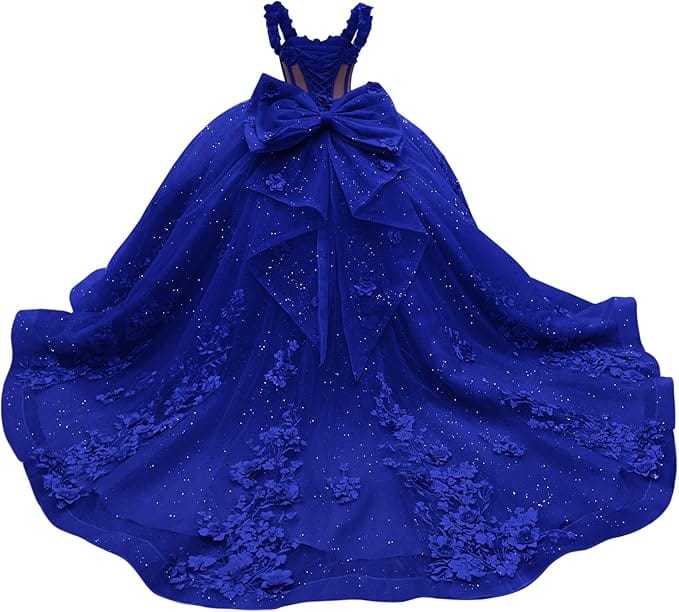 18m / Royal Blue Sunnypetal Light Blue 3D Floral Appliqué Tulle Ball Gown Flower Girl Dress with Bow