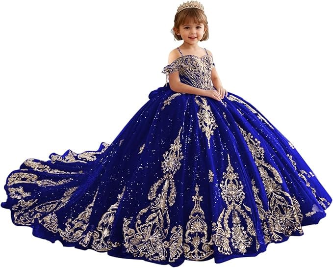 18m / Royal Blue Sunnypetal Luxury Red Gold Embroidery Tulle Ball Gown Flower Girl Dress with Bow