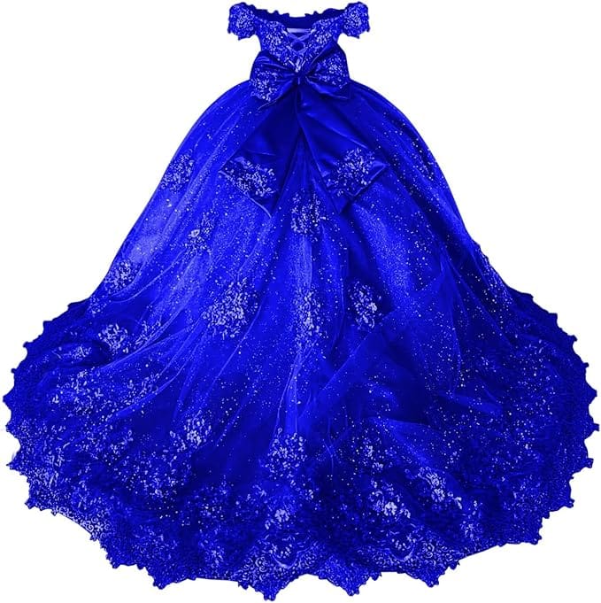 18m / Royal Blue Sunnypetal Off-Shoulder Lace Appliqué Flower Girl &amp; Pageant Ball Gown with Bow