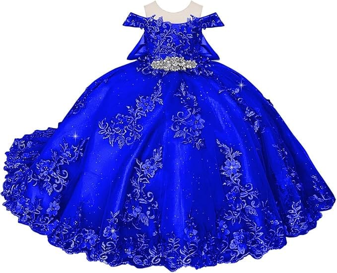 18m / Royal Blue Sunnypetal Off-Shoulder Lace Appliques Tulle Flower Ball Gown Dresses with Bow