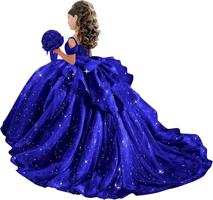 18m / Royal Blue Sunnypetal Off-Shoulder Sweetheart Glitter Tulle Flower Girl Dress with Pearls Bow