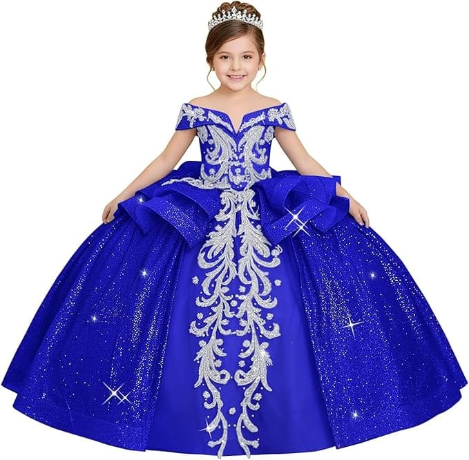 18m / Royal Blue Sunnypetal Off-the-Shoulder Glitter Princess Flower Girl Dress with Lace Appliqués