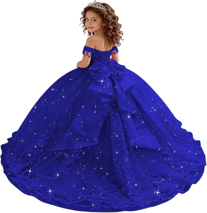 18m / Royal Blue Sunnypetal Princess Off-the-Shoulder Lace Appliqué Tulle Ball Gown Flower Girl Dress with Bow