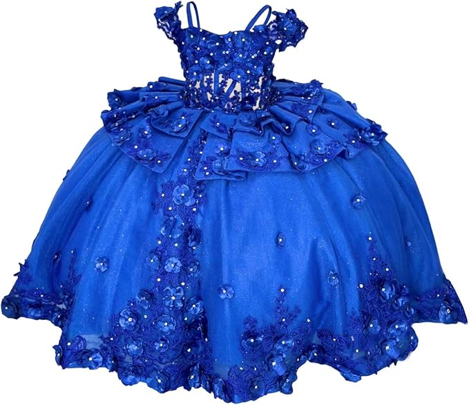 18m / Royal Blue Sunnypetal Royal Blue 3D Floral Lace-Up Tulle Ball Gown Flower Girl Dress with Bows